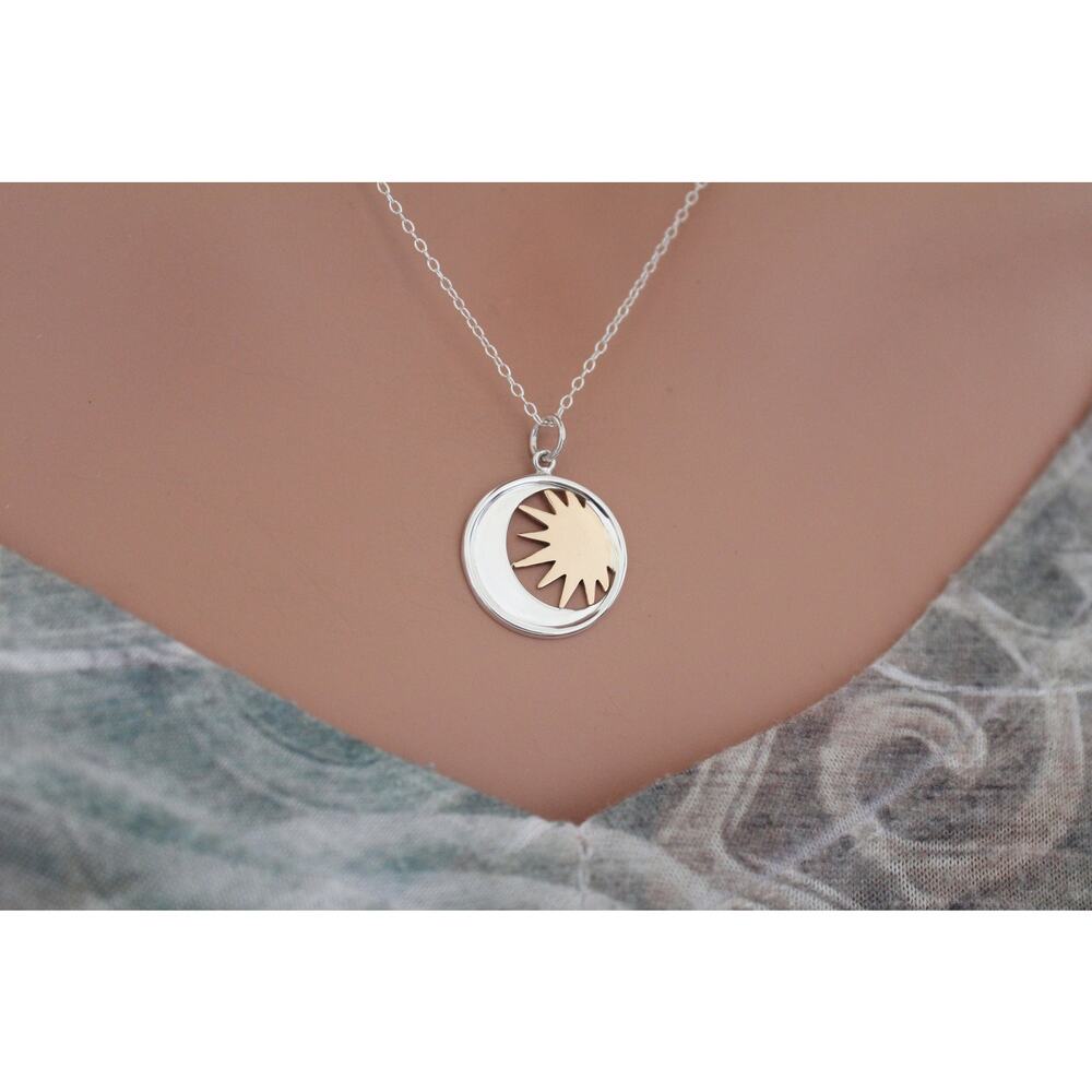 Sterling Silver Moon Charm in a Disk with Bronze Sun Necklace